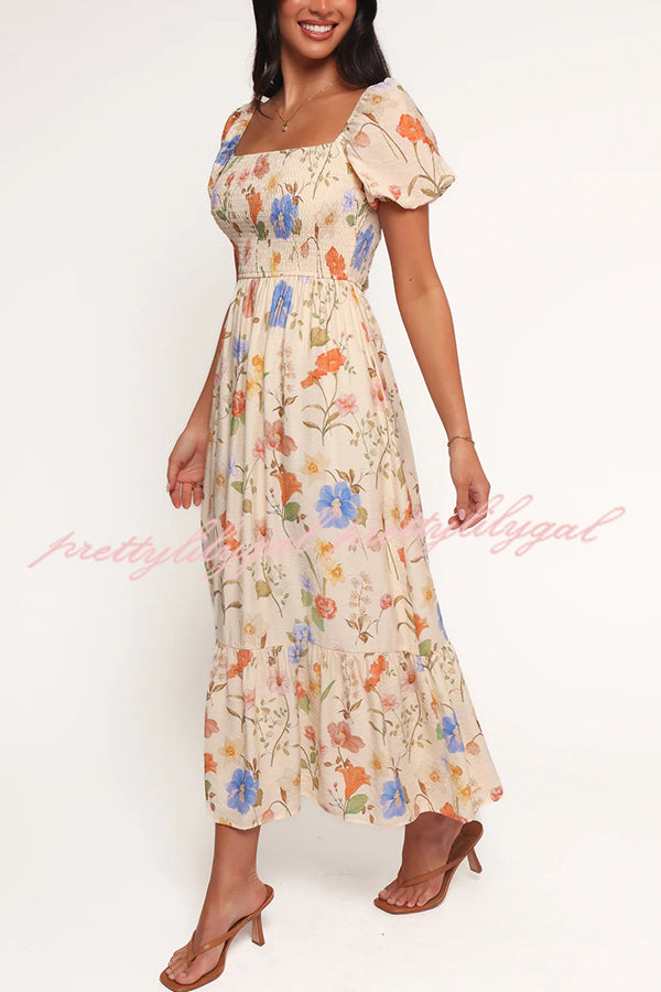 Dreamy Floral Print Square Neck Puff Sleeve Smocked Maxi Dress