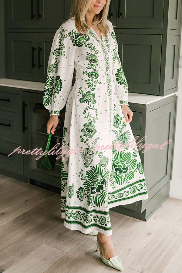 Forest Soul Unique Print Button Down Long Sleeve Shirt Maxi Dress