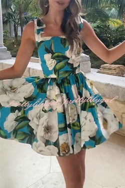 Fresh and Romantic Floral Print Square Neck Knotted Straps Mini Dress