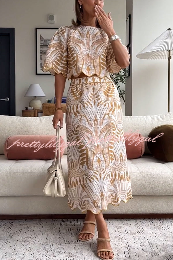 Korra Linen Blend Unique Print Wave Trim Bell Sleeve Top and Elastic Waist Pocket Midi Skirt Set