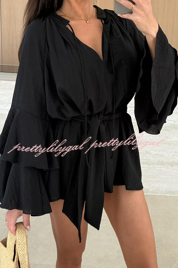 Solid Color V-neck Ruffled Long Sleeve Waist Tie Mini Dress