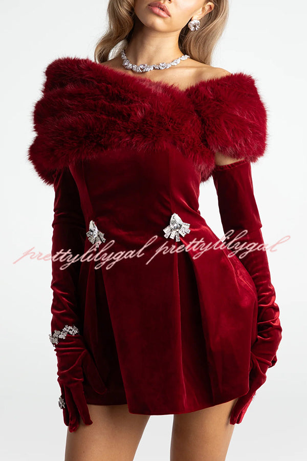 Stylish Velvet Off-shoulder Fitted Mini Dress and Fluffy Shawl, Velvet Gloves Three-piece Set