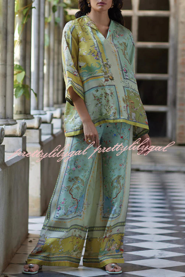 Elonie Satin Floral Print V-neck Half Sleeve Top and Elastic Waist Wide Leg Pants Set