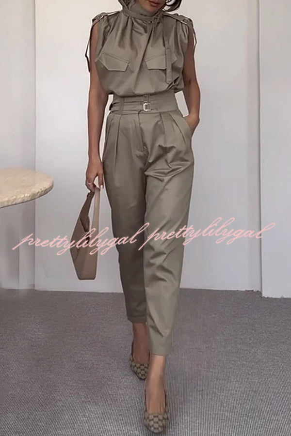 Statement Breast Pocket High Neck Top and Side Pocket Belt Long Pant Set