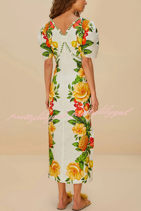 Picnic Flowers Linen Blend Floral Print Puff Sleeve Braided Rope Trim Maxi Dress