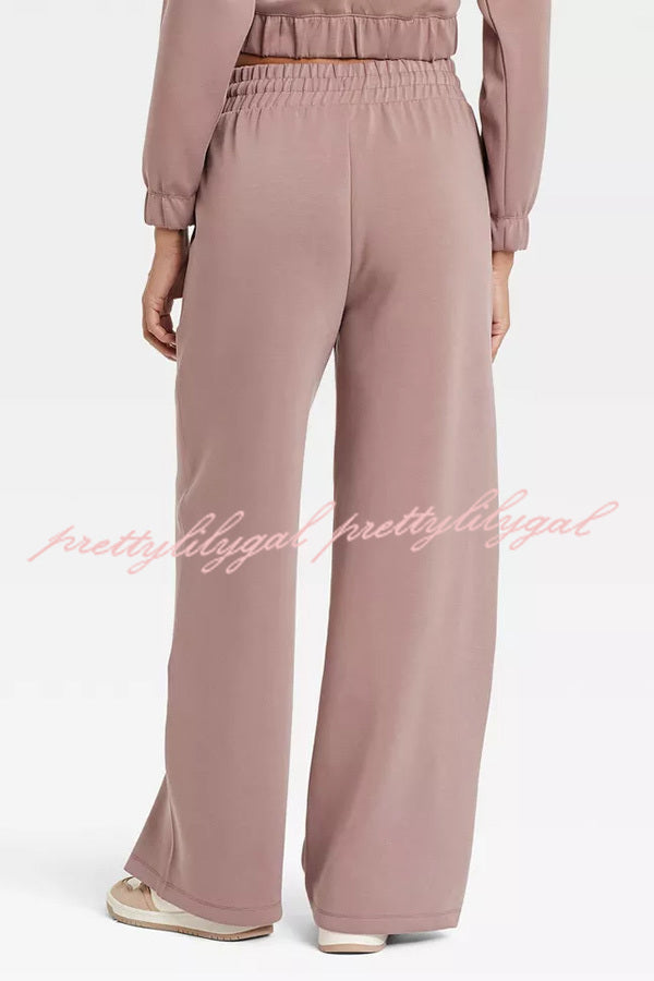 Airy Sleek Full Zip Jacket and High Rise Elastic Waist Pocket Wide Leg Sweatpants Set