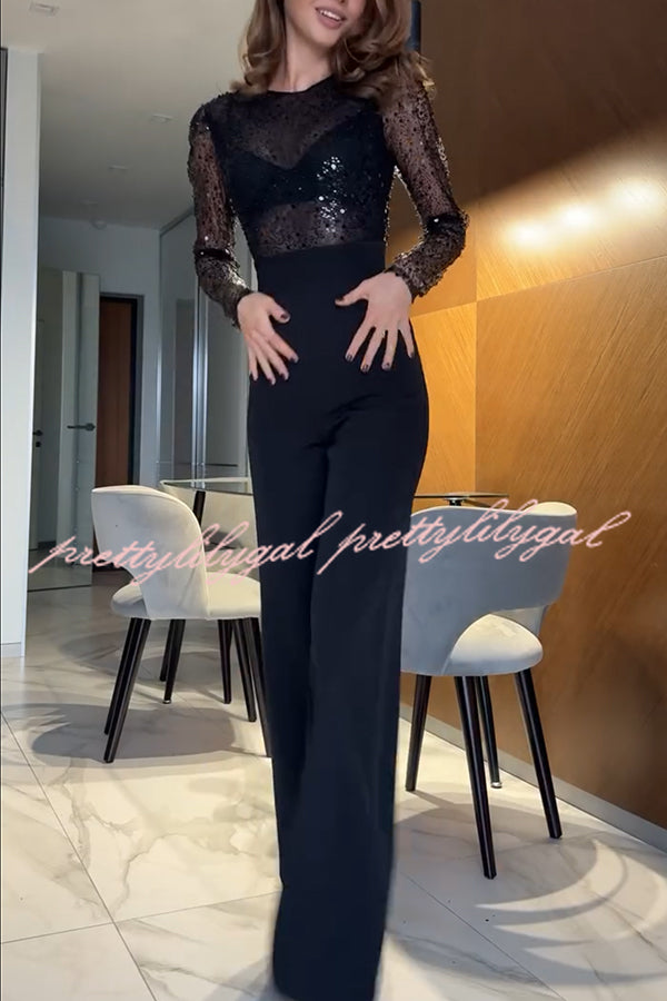 Seleia Tulle Sequin Patchwork Long Sleeve Wide Leg Stretch Jumpsuit