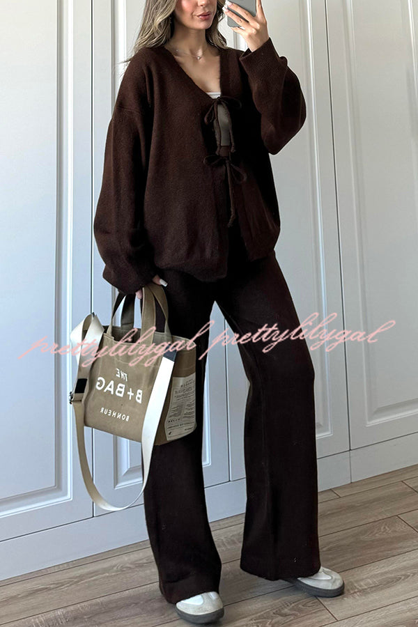 Solid Color V-neck Tie Long-sleeved Loose Knit Cardigan and Elastic Waist Casual Straight Leg Pants Set