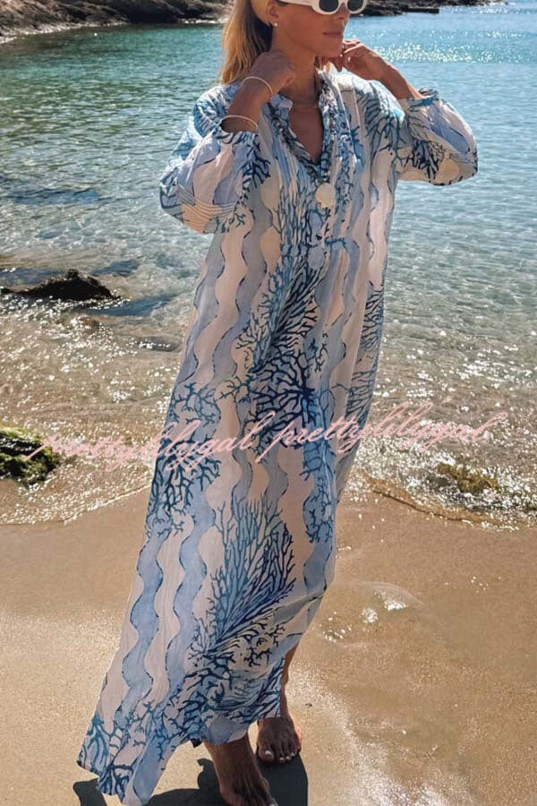 Quiet Sea Unique Print Pleated Neck Long Sleeve Slit Kaftan Maxi Dress
