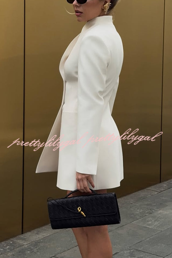 Kayleen Stand V-neck Decorative Metal Button Long Sleeve Pocket Blazer Mini Dress
