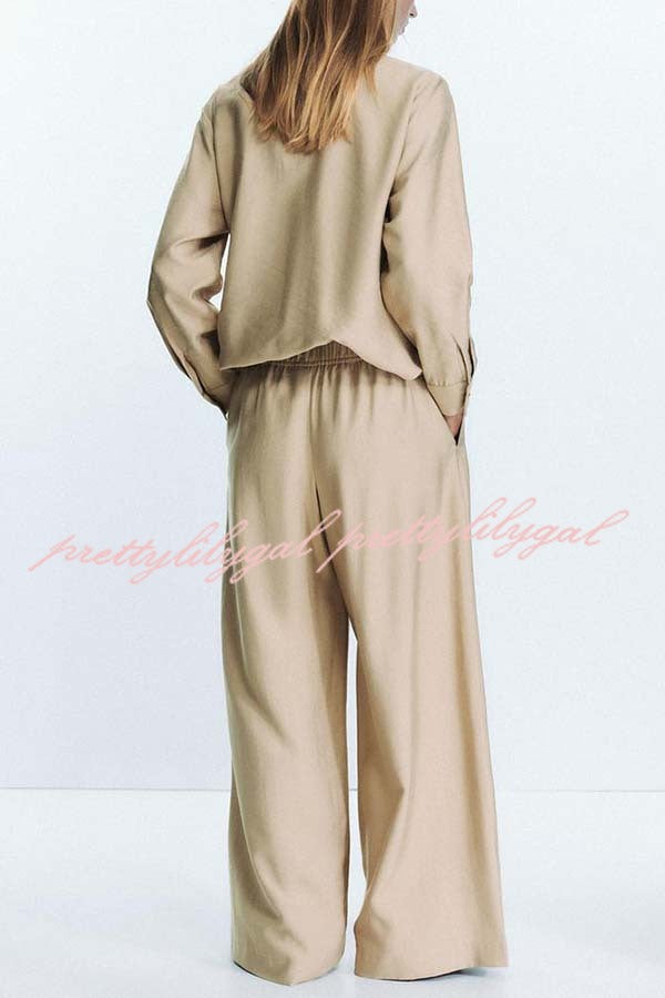 Juliette Cross-front Button Up Long Sleeve Shirt and Elastic Waist Pocket Loose Pants Set