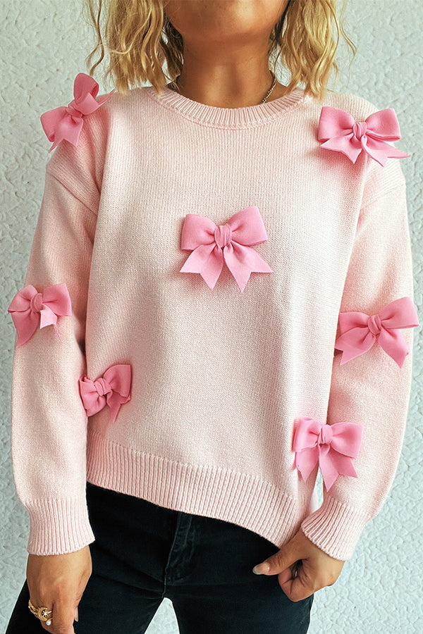 Sweet Bow-knot Casual Round Neck Long-sleeved Knit Sweater