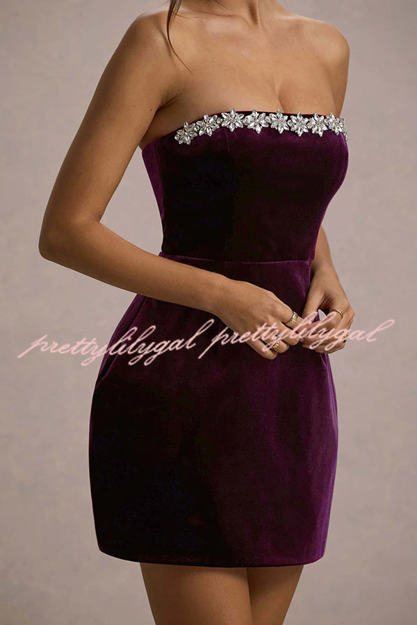 Effortlessly Elegant Velvet Jewel Embellished Trim Bandeau Mini Dress