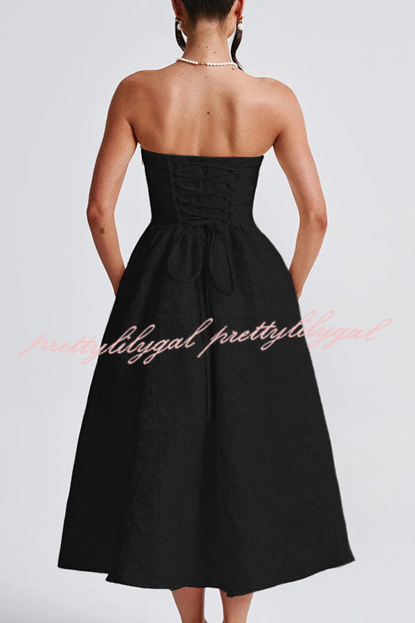 Jacquard Fabric Strapless Open Back Elegant Slim Midi Dress