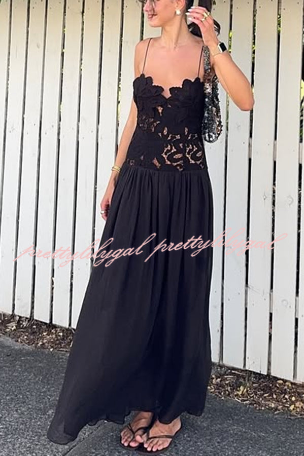 Stephanie Flower Crochet Lace Bust Chiffon Fluffy Hem Maxi Dress