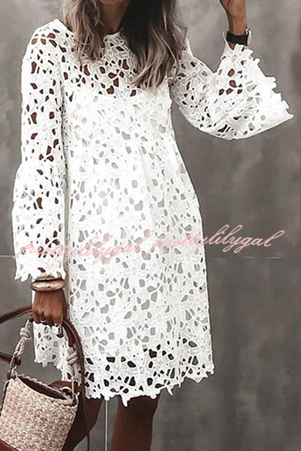 Pretty Presence Floral Crochet Lace Bell Sleeve Mini Dress