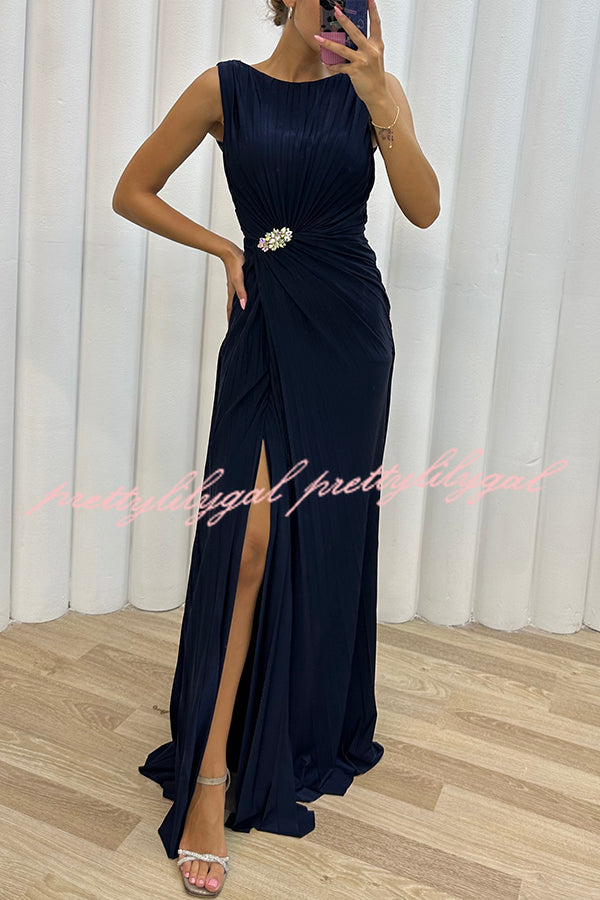 Pretty Special Pleated Embellished Slit Evening Maxi Dress