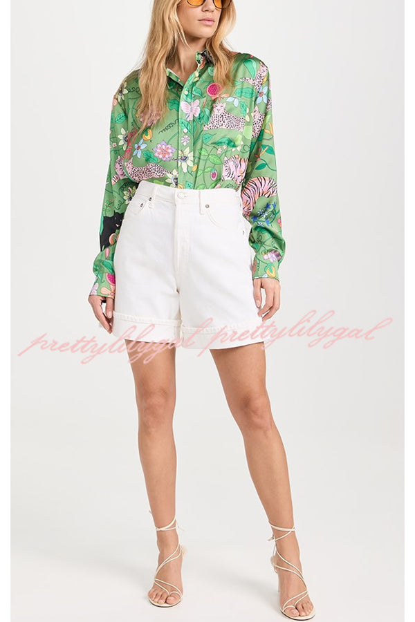 Quiet Jungle Satin Unique Print Long Sleeve Shirt and Elastic Waist Pocket Lounge Pants Set