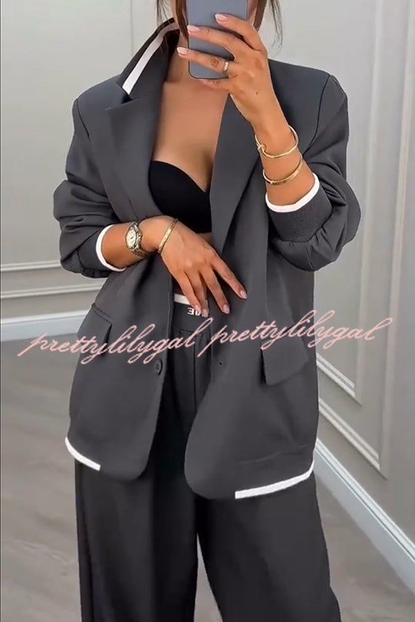 Fashion Sports Style Ribbed Colorblock Lapel Blazer and Elastic Waist Pocket Loose Pants Set