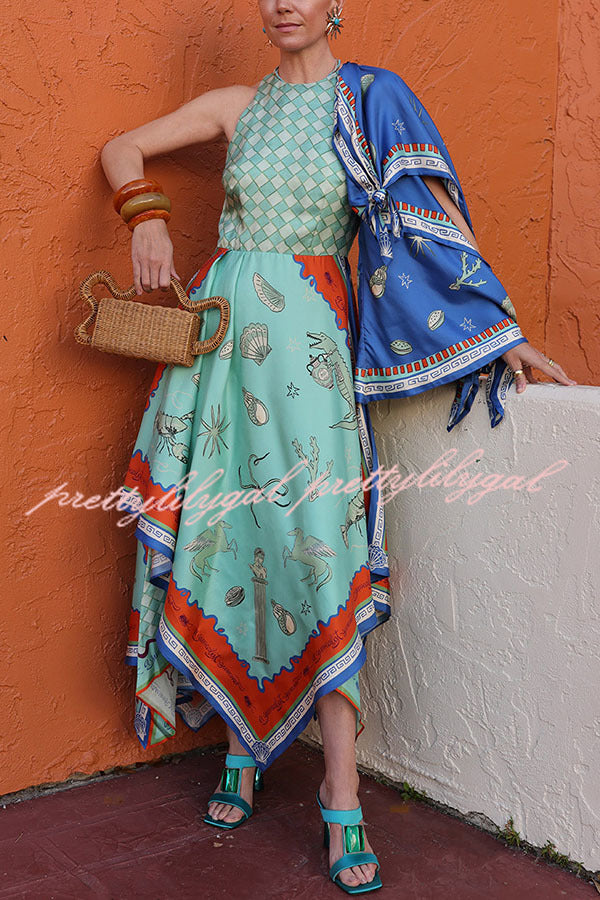Surrealist Summer Satin Unique Print Tie-up Details Layered Hem Scarf Maxi Dress