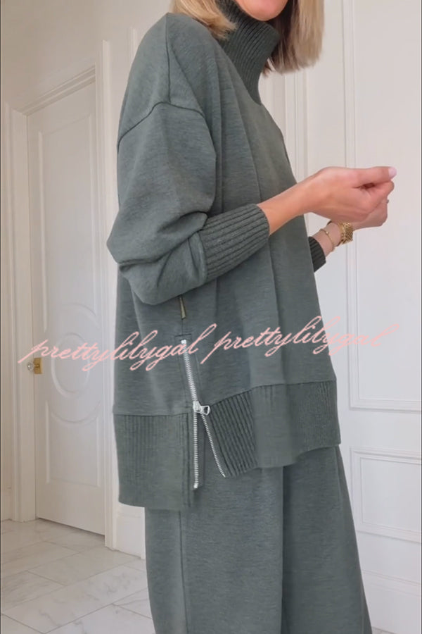 Barker High-Neck Long Sleeve Side Zipper Sweatshirt and Elastic Waist Pocketed Loose Pants Set