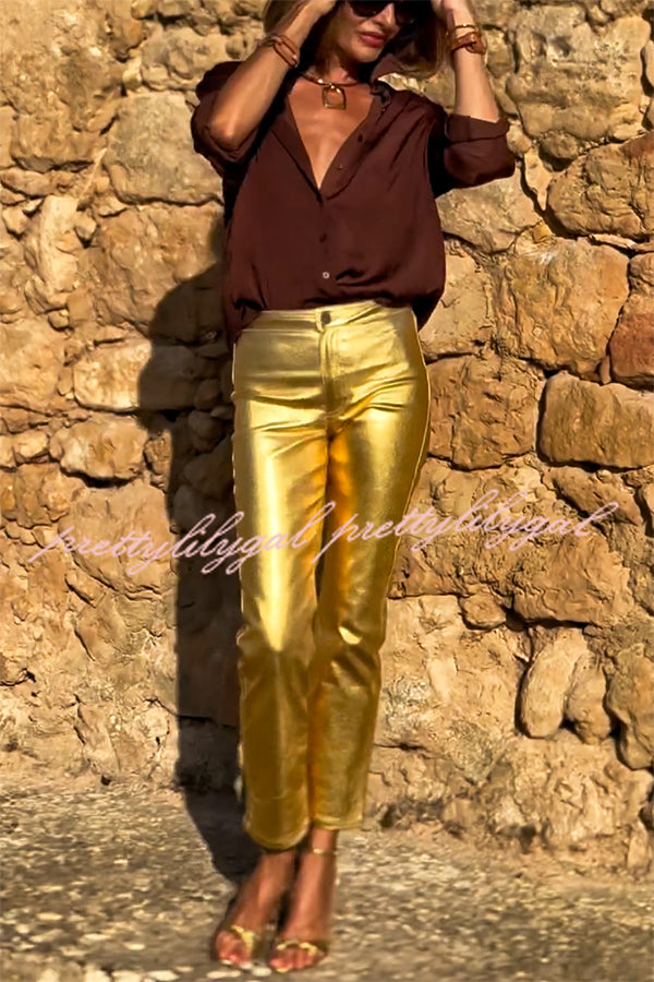 Golden Years Metallic Fabric Mid-Rise Pocketed Stretch Pants