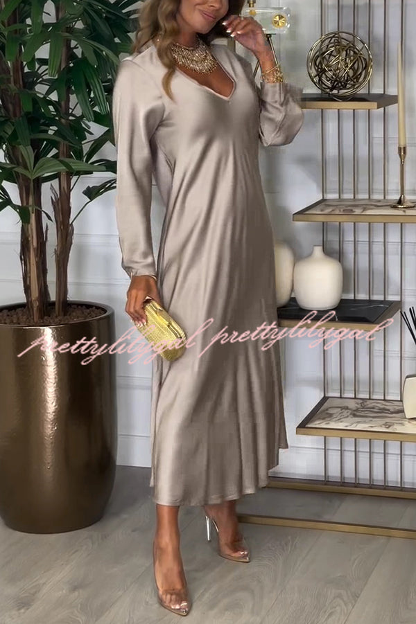 Solid Color V-neck Long-sleeved Loose Draped Maxi Dress