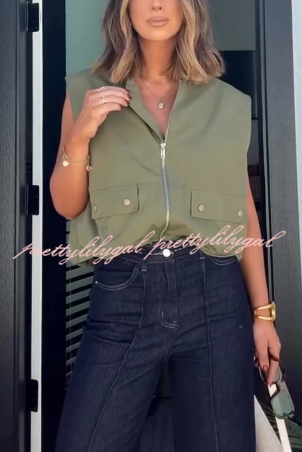Fashion Zipper Sleeveless Pocket Loose Vest Jacket