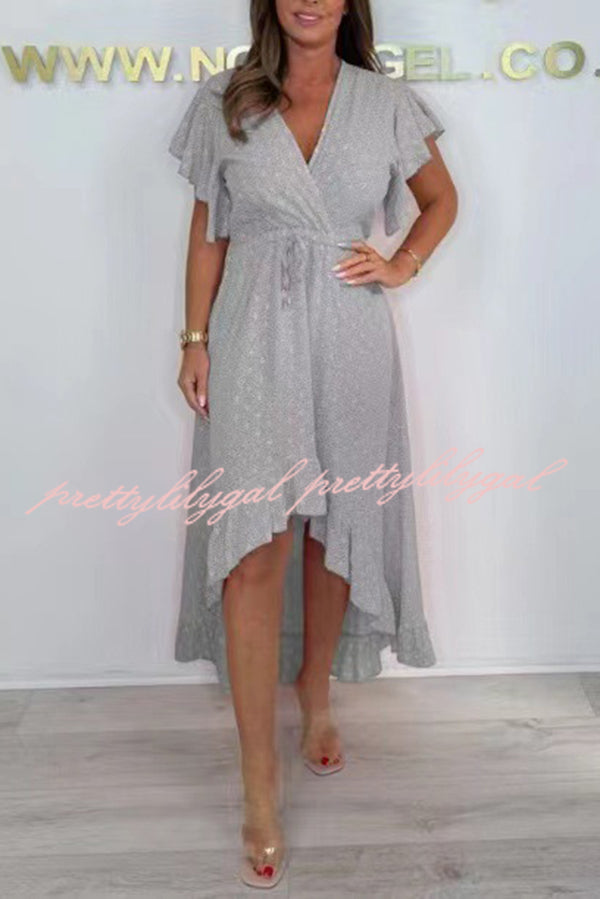 Resort Style V-neck Ruffle Sleeves Waist Tie Irregular Midi Dress