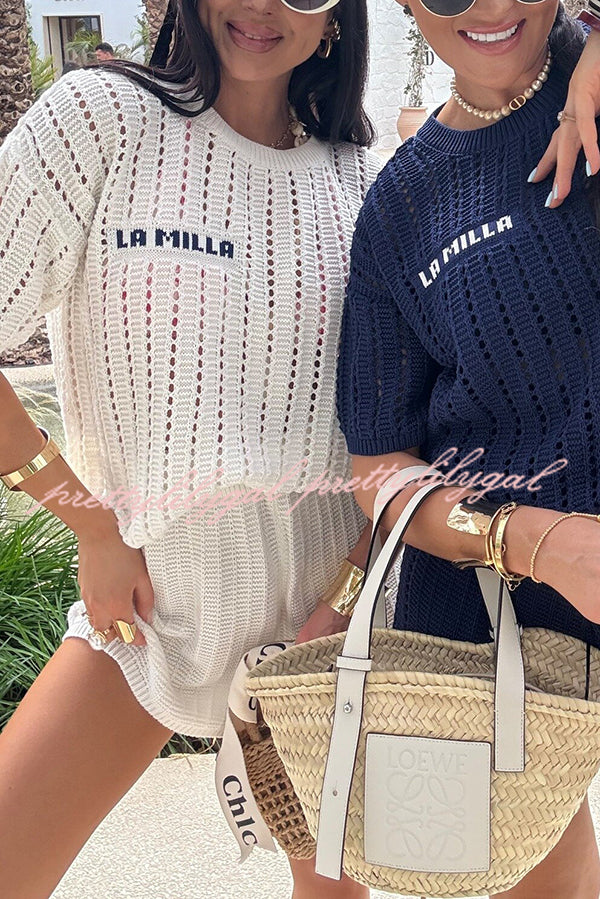 Fashionable Hollow Knit Short-sleeved Top and Elastic High-waist Casual Shorts Set