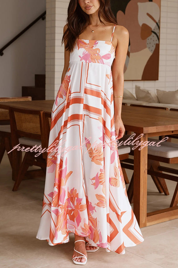 Botanical Print Halter Square Neck Pleated Loose Maxi Dress