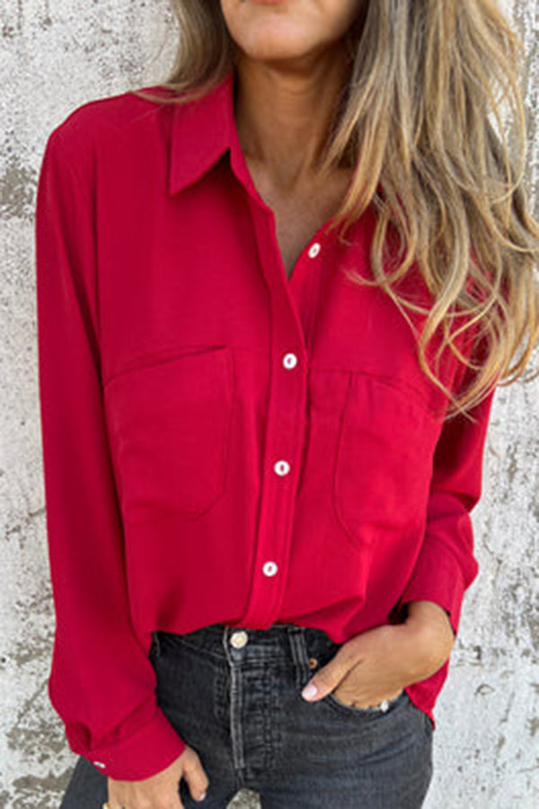 Solid Color Lapel Button Pocket Casual Long Sleeve Shirt