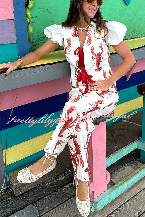 Fun Vacation Lobster Print Front Tie-up Puff Sleeve Loose Shirt