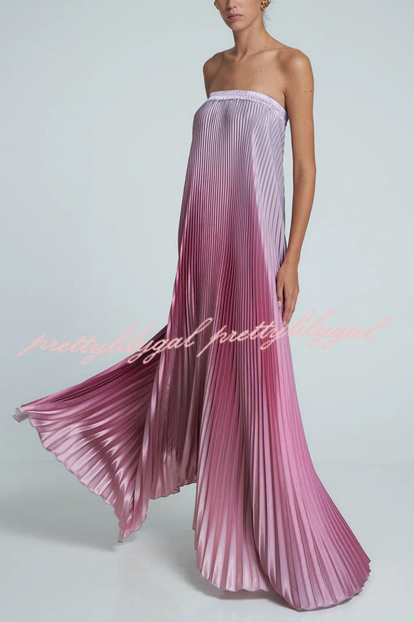 Gorgeous Styling Satin Pleated Elastic Bust Strapless A-line Gown Maxi Dress