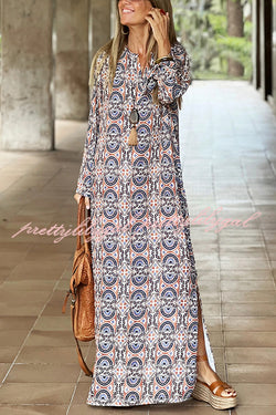 Unique Printed Long Sleeve V-neck Loose Maxi Dress