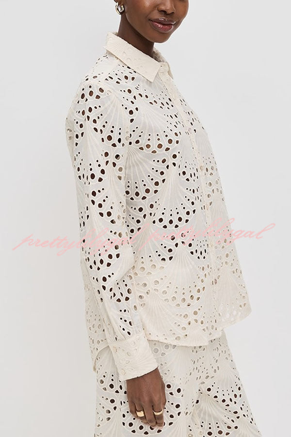 Lillah Embroidered Lace Shell Pattern Long Sleeve Loose Blouse