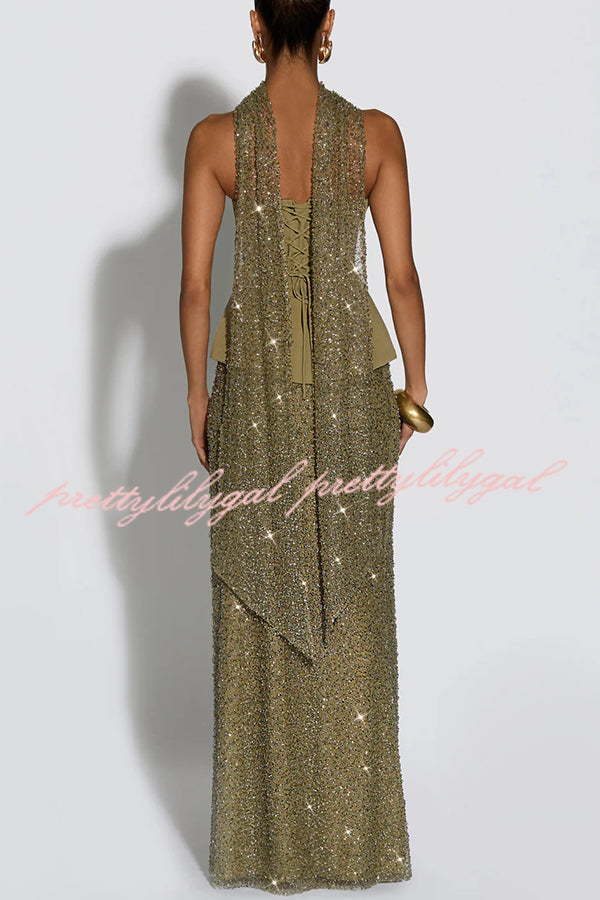 Oakley Corset Strapless Top and Sequin High Rise Maxi Skirt Scarf Set