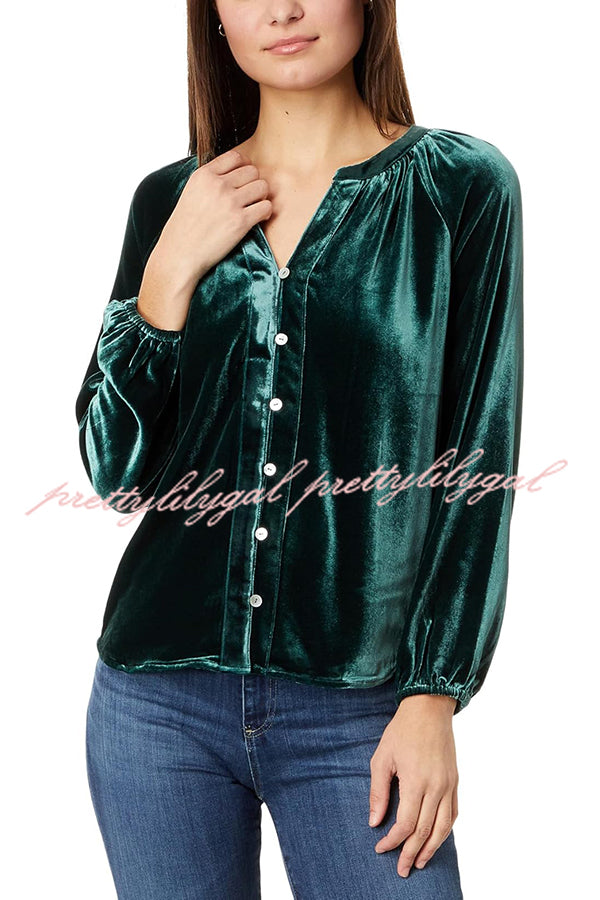 Solid Color Velvet V-neck Long-sleeved Shirt