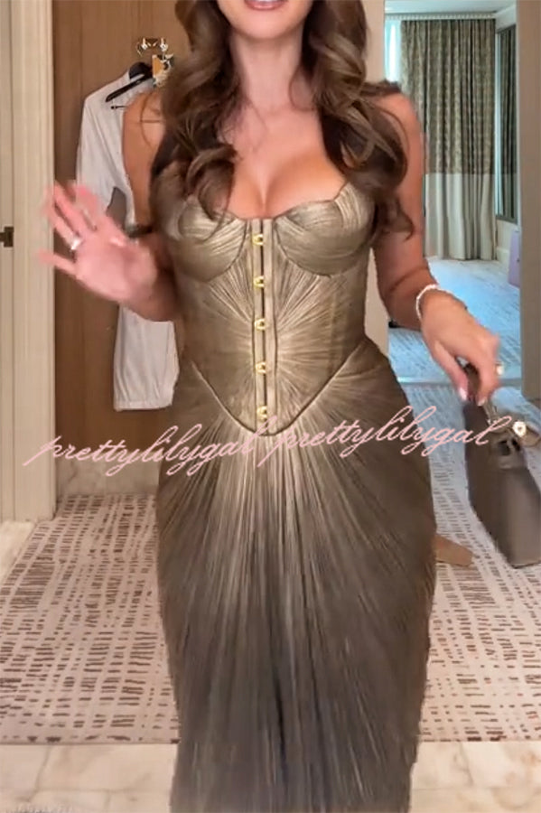 Vegas Queen Metallic Pleated Sculpted Bodice Back Lace-up Drape Maxi Dress