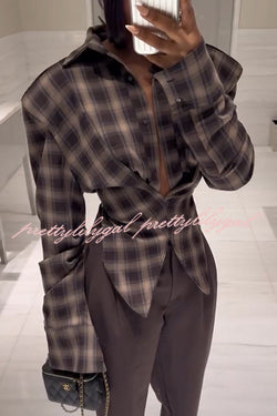 Vintage Plaid Shoulder Pad Buttons Long Sleeve Angled Hem Shirt