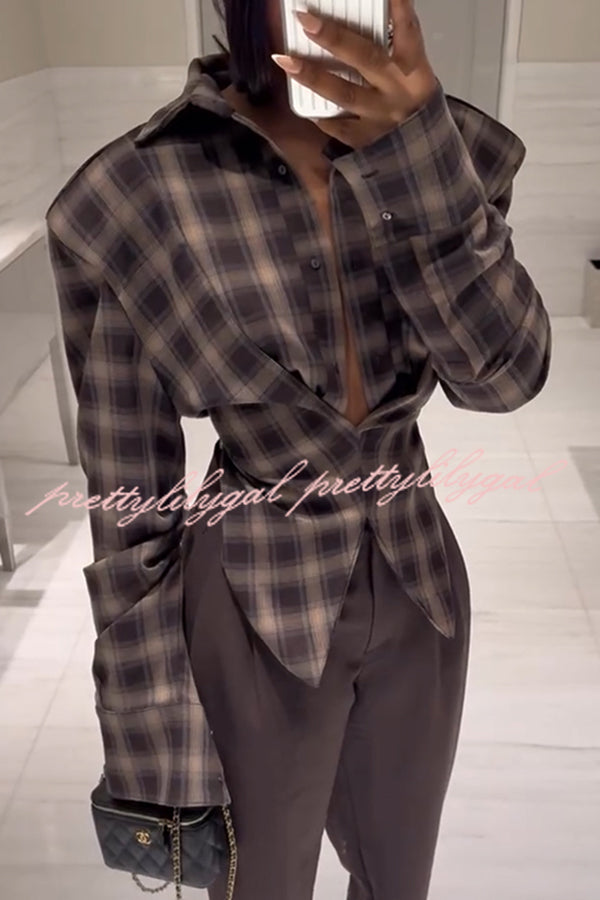 Vintage Plaid Shoulder Pad Buttons Long Sleeve Angled Hem Shirt