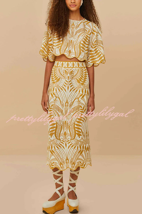 Korra Linen Blend Unique Print Wave Trim Bell Sleeve Top and Elastic Waist Pocket Midi Skirt Set