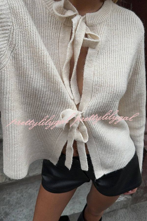 Solid Color Loose Long Sleeve Lace-up Knitted Cardigan