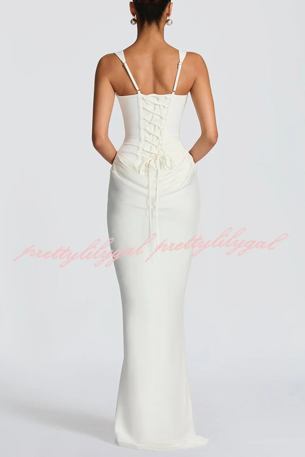 Larrah Square Neck Back Lace-up Satin Drape Hem Maxi Dress