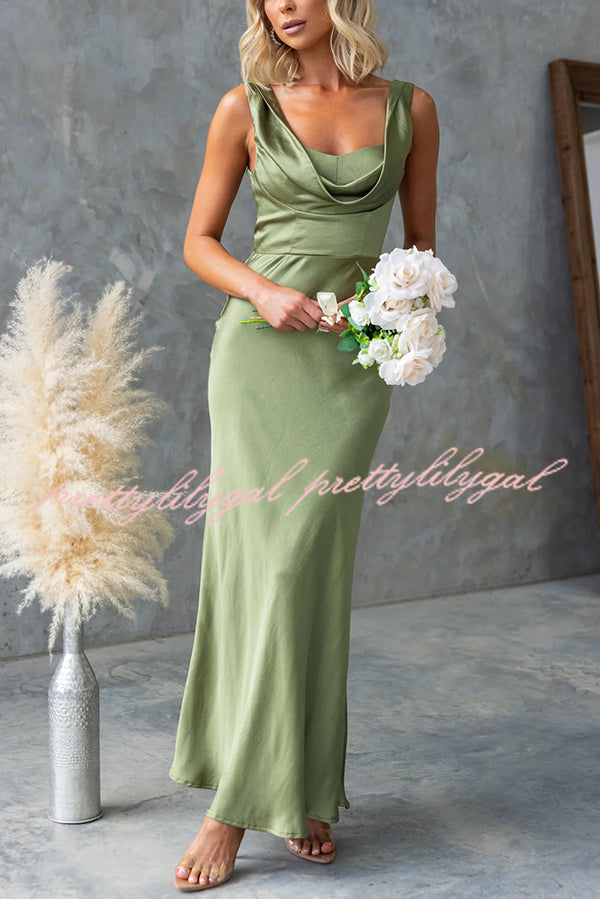 Chic Muse Satin Solid Color Cowl Neck Back Tie-up Maxi Dress