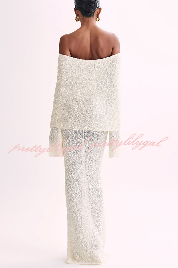 Marisol Ribbed Boucle Material Draped Off Shoulder Stretch Vacation Maxi Dress