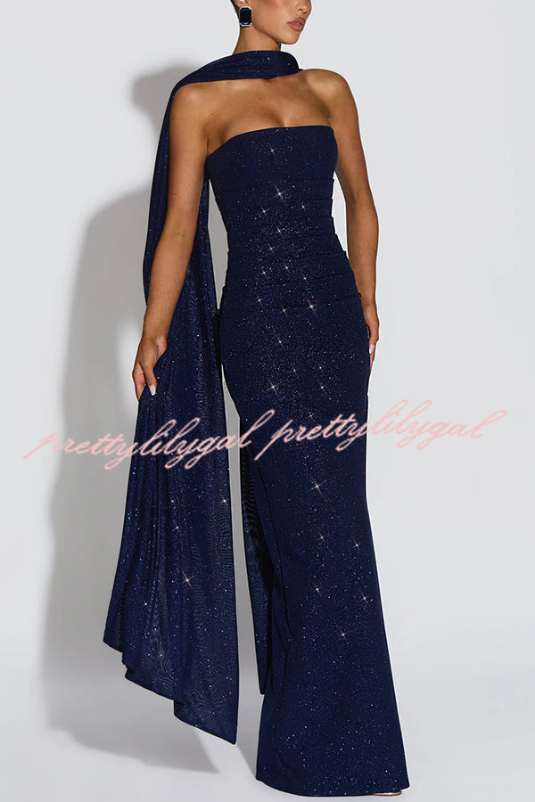 Pandra Glittery Crepe Fabric Off Shoulder Ruched Slit Cape Maxi Dress