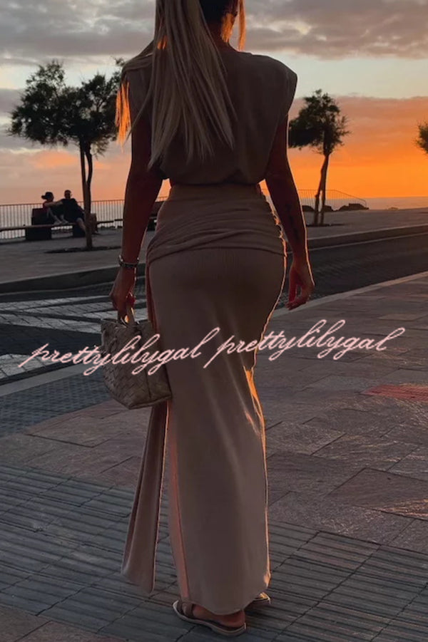 Comfortable Stylish Round Neck Sleeveless Casual Top and Elastic Waist Ruched Tie Slit Midi Skirt Set