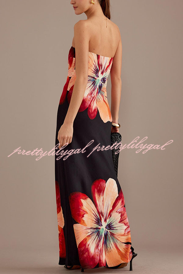 Charming Lady Satin Floral Print Bandeau Loose Maxi Dress