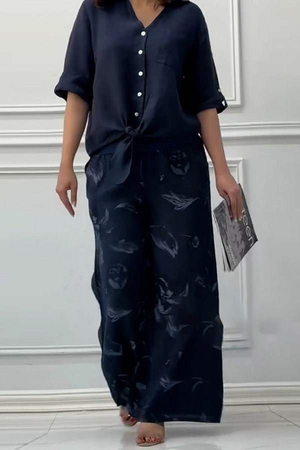 Fashion Lapel Long Sleeve Casual Shirt and Unique Print Elastic Waist Pocket Wide Leg Pants Set